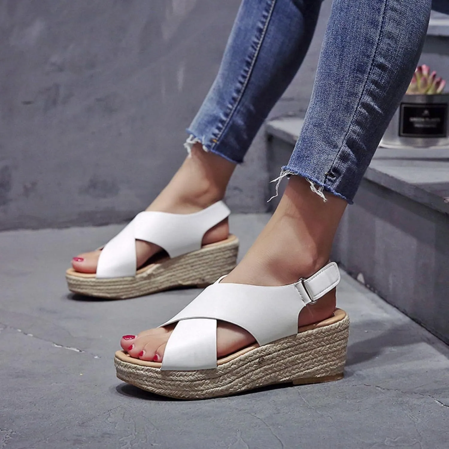 Women's Wedge Sandals Dressy Casual Open Toe Sandals Espadrilles Platform Comfortable Sandal Ankle Strap Buckle Outdoor Shoes Suitable for Work Beach Summer Shoes