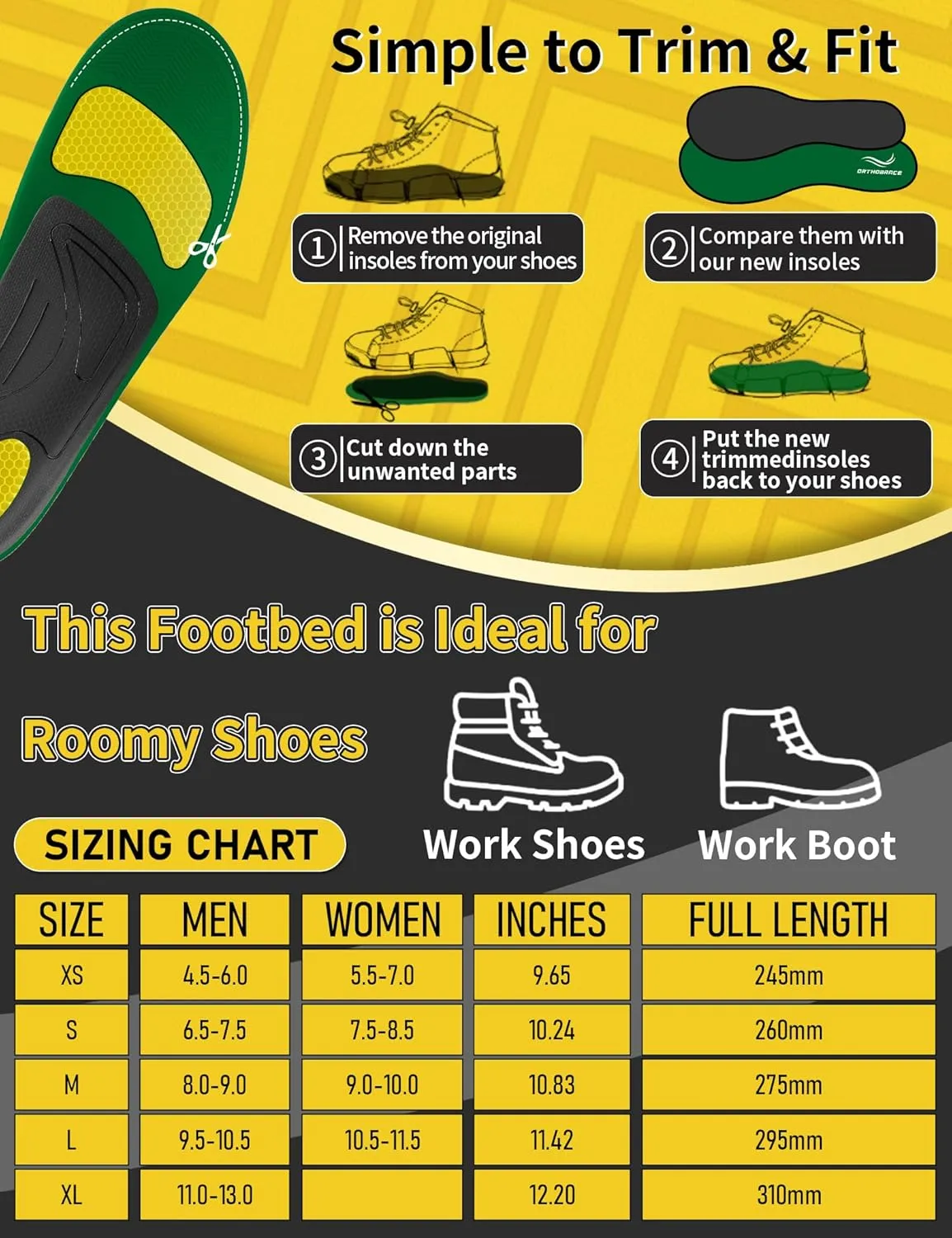 Work Boot Insoles for All Day Shock Absorption,Anti Fatigue Medium and High Arch Support Shoe Inserts for Men Women,Relieve Foot Pain,Soft Comfortable Work Insoles for Standing All Day-M