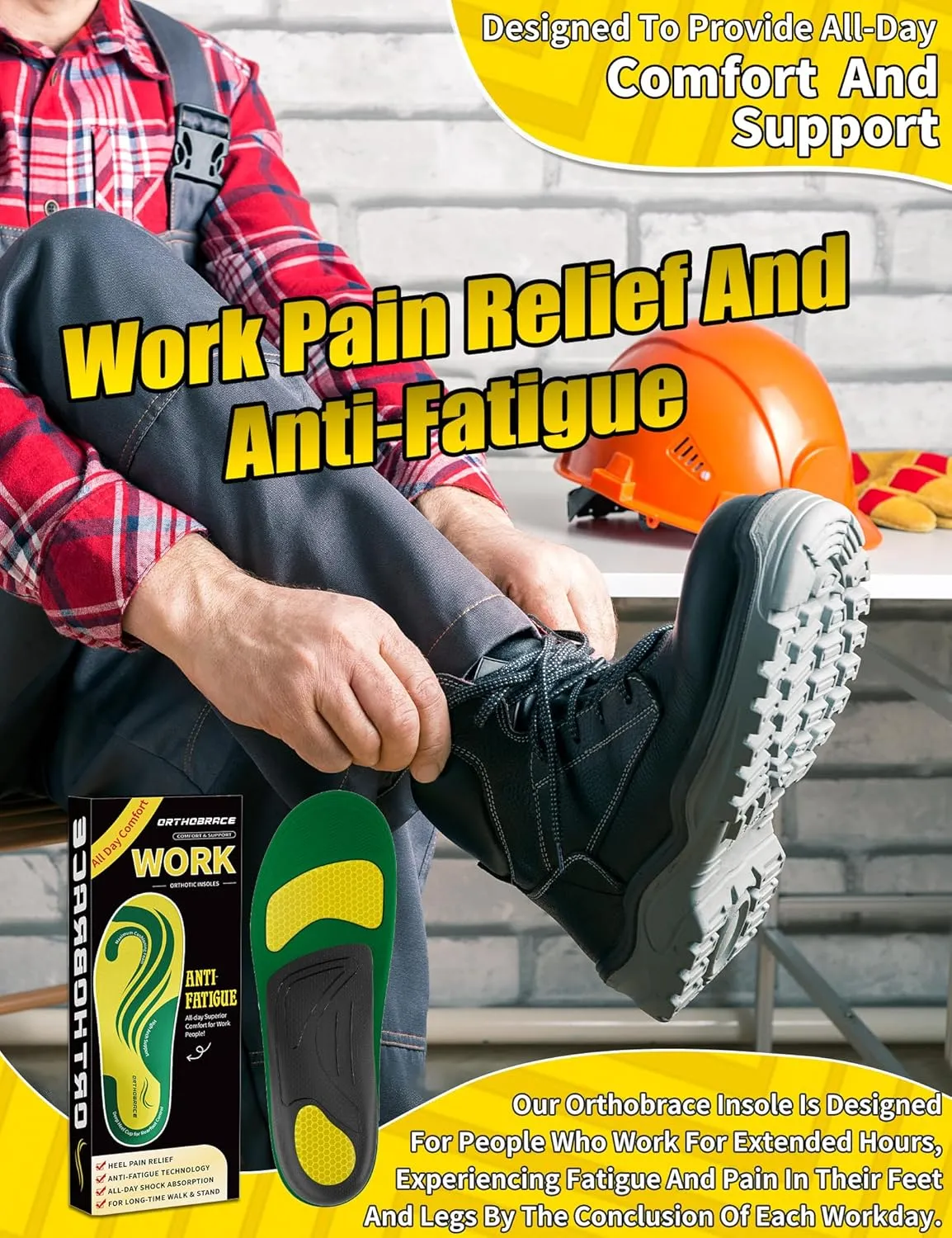 Work Boot Insoles for All Day Shock Absorption,Anti Fatigue Medium and High Arch Support Shoe Inserts for Men Women,Relieve Foot Pain,Soft Comfortable Work Insoles for Standing All Day-M