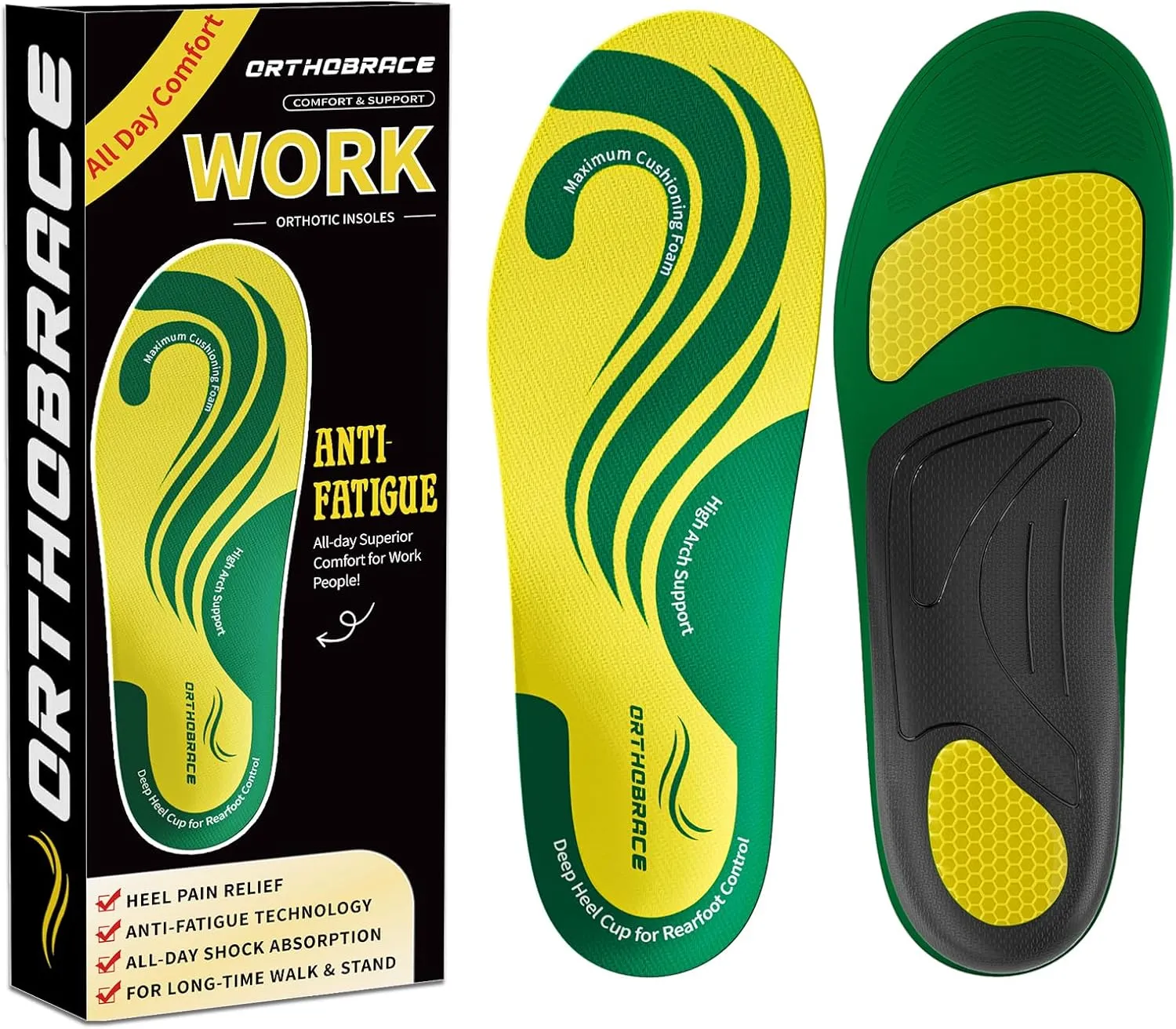 Work Boot Insoles for All Day Shock Absorption,Anti Fatigue Medium and High Arch Support Shoe Inserts for Men Women,Relieve Foot Pain,Soft Comfortable Work Insoles for Standing All Day-M