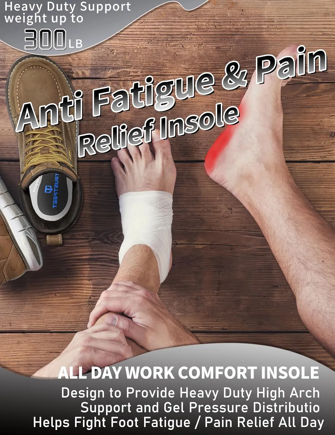 Work Insoles for Men Women, Anti-Fatigue Heavy Duty Arch Support Insoles for Standing All Day, Comfort Shoe Inserts with Gel, Work Boot Inserts-M