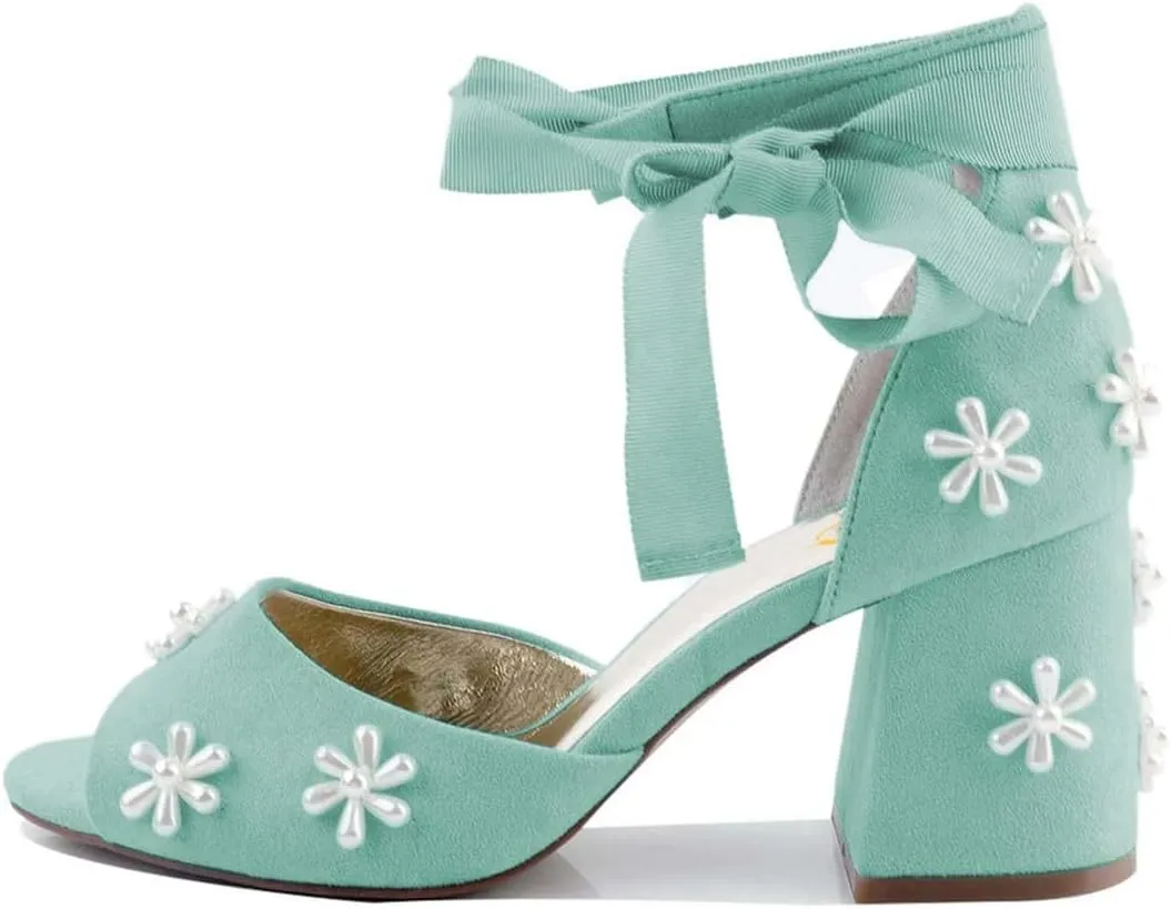XYD Women Open Toe Sandals with Bloom Pearl Flower Ribbon Ankle Strap Chunky Block Heel Wedding Bridal Shoes