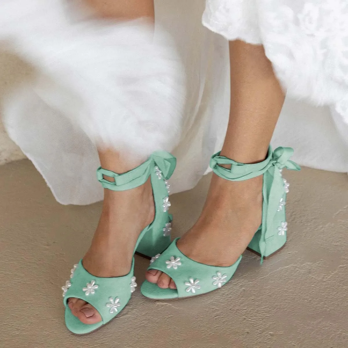 XYD Women Open Toe Sandals with Bloom Pearl Flower Ribbon Ankle Strap Chunky Block Heel Wedding Bridal Shoes