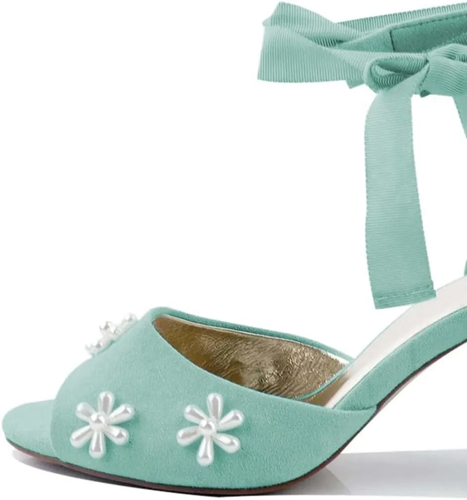 XYD Women Open Toe Sandals with Bloom Pearl Flower Ribbon Ankle Strap Chunky Block Heel Wedding Bridal Shoes