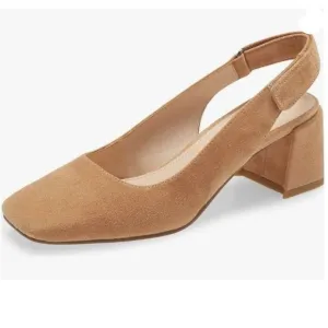 YDN Beige Slingback Adjustable Slip On Strappy Block Heels Pumps Square Toe Shoe