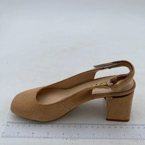 YDN Beige Slingback Adjustable Slip On Strappy Block Heels Pumps Square Toe Shoe