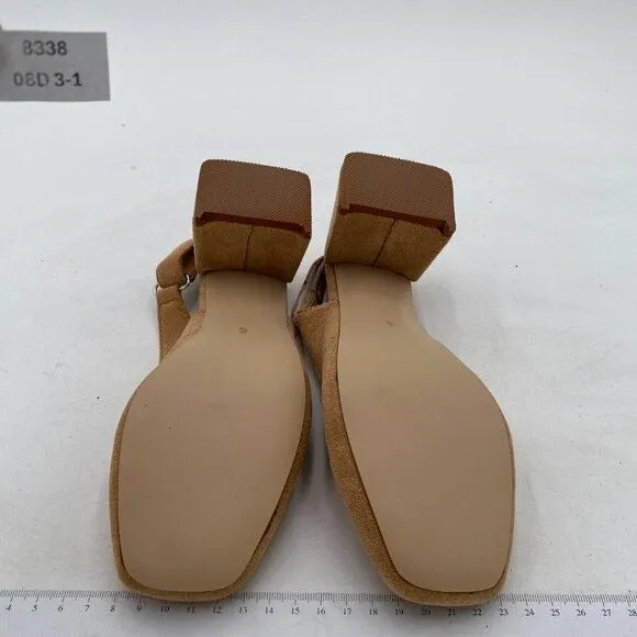 YDN Beige Slingback Adjustable Slip On Strappy Block Heels Pumps Square Toe Shoe
