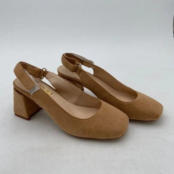YDN Beige Slingback Adjustable Slip On Strappy Block Heels Pumps Square Toe Shoe