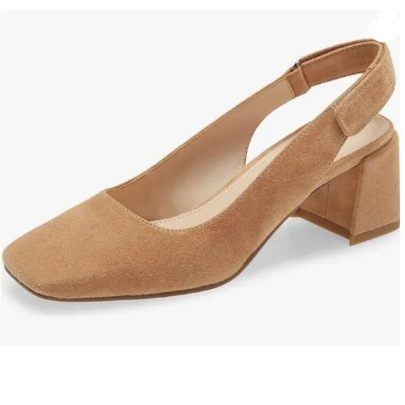 YDN Beige Slingback Adjustable Slip On Strappy Block Heels Pumps Square Toe Shoe