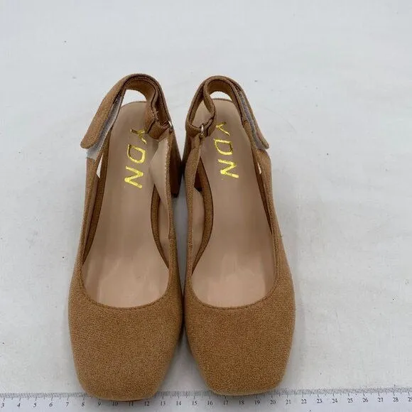 YDN Beige Slingback Adjustable Slip On Strappy Block Heels Pumps Square Toe Shoe