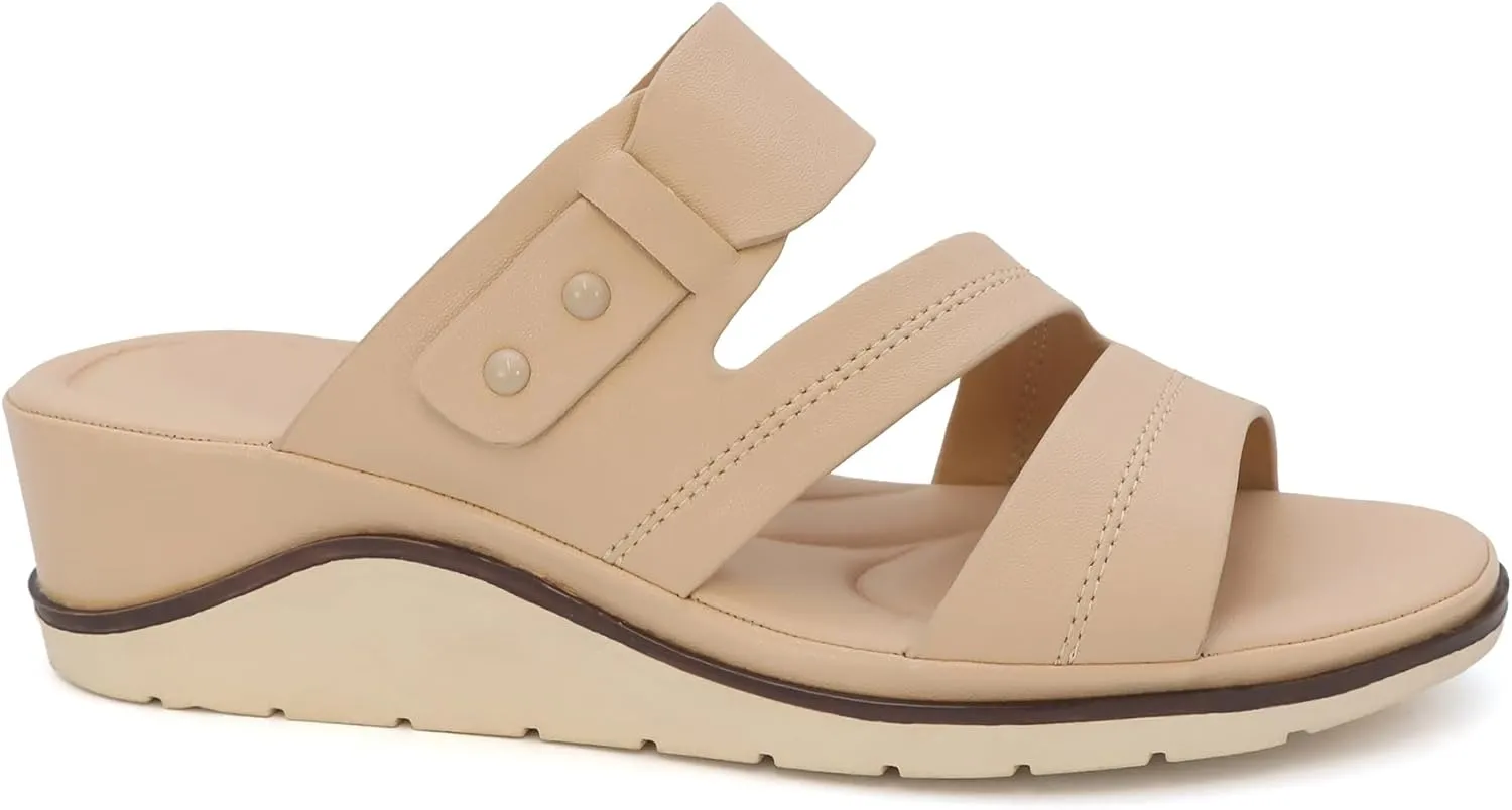 YOKI NOMI-12 Women's Comfort Double Strap Slip On Wedge Sandal, Open Toe Cushioned Footbed Sandal, Wedge Sandals for Women