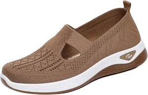 ZWRXW Orthopedic Flats for Women Lightweight Comfortable Arch Support Sneaker Breathable Knitted Soft Non-Slip Mesh Up Footwear Woven Work Walking Shoe