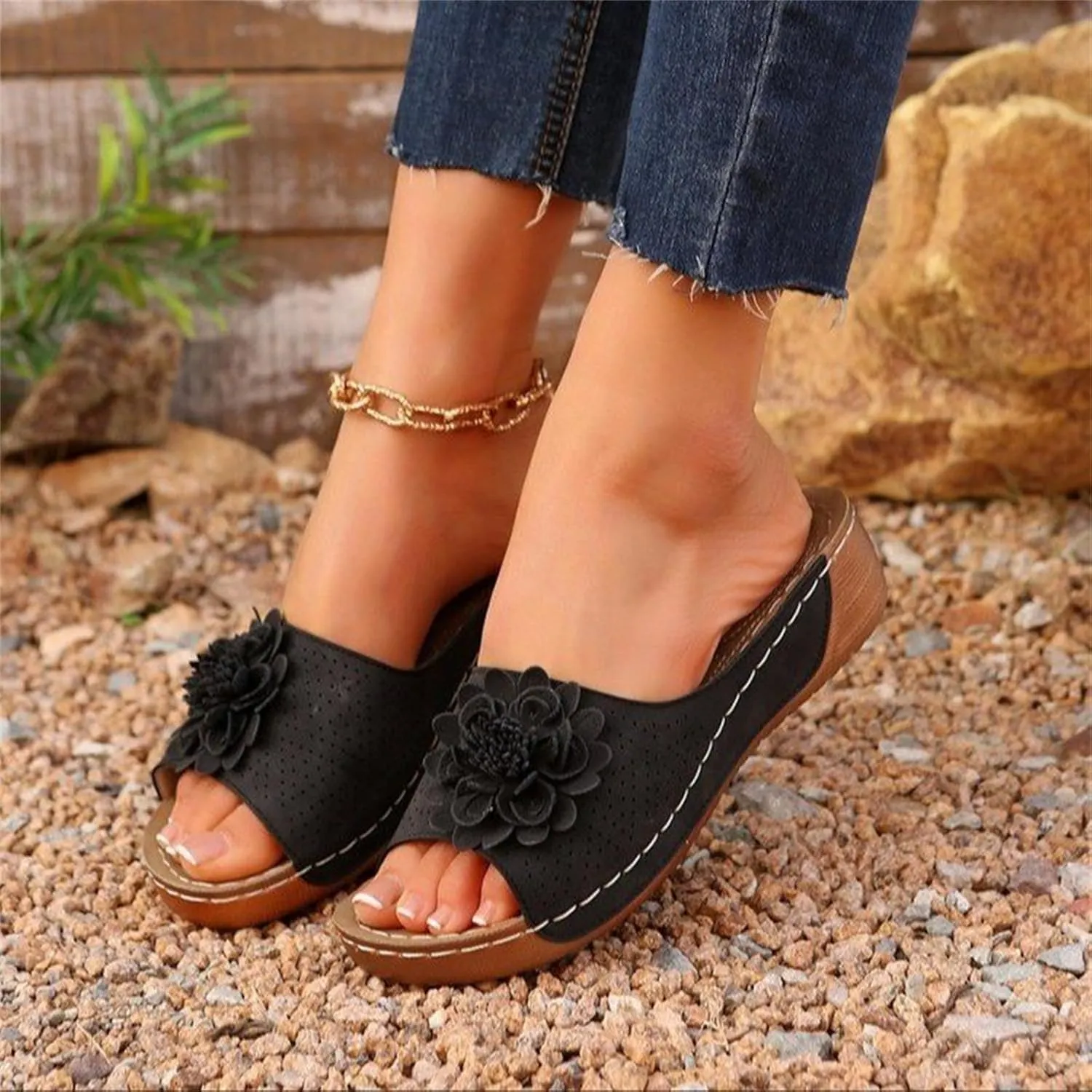 ZWRXW Orthopedic Sandals for Women,Arch Support Summer Beach Sandals,Fish Mouth Open Toe Leather Slippers,Chic Flowers Bohemian Flip Flops,Dressy Wedge Comfort Platform Sandal
