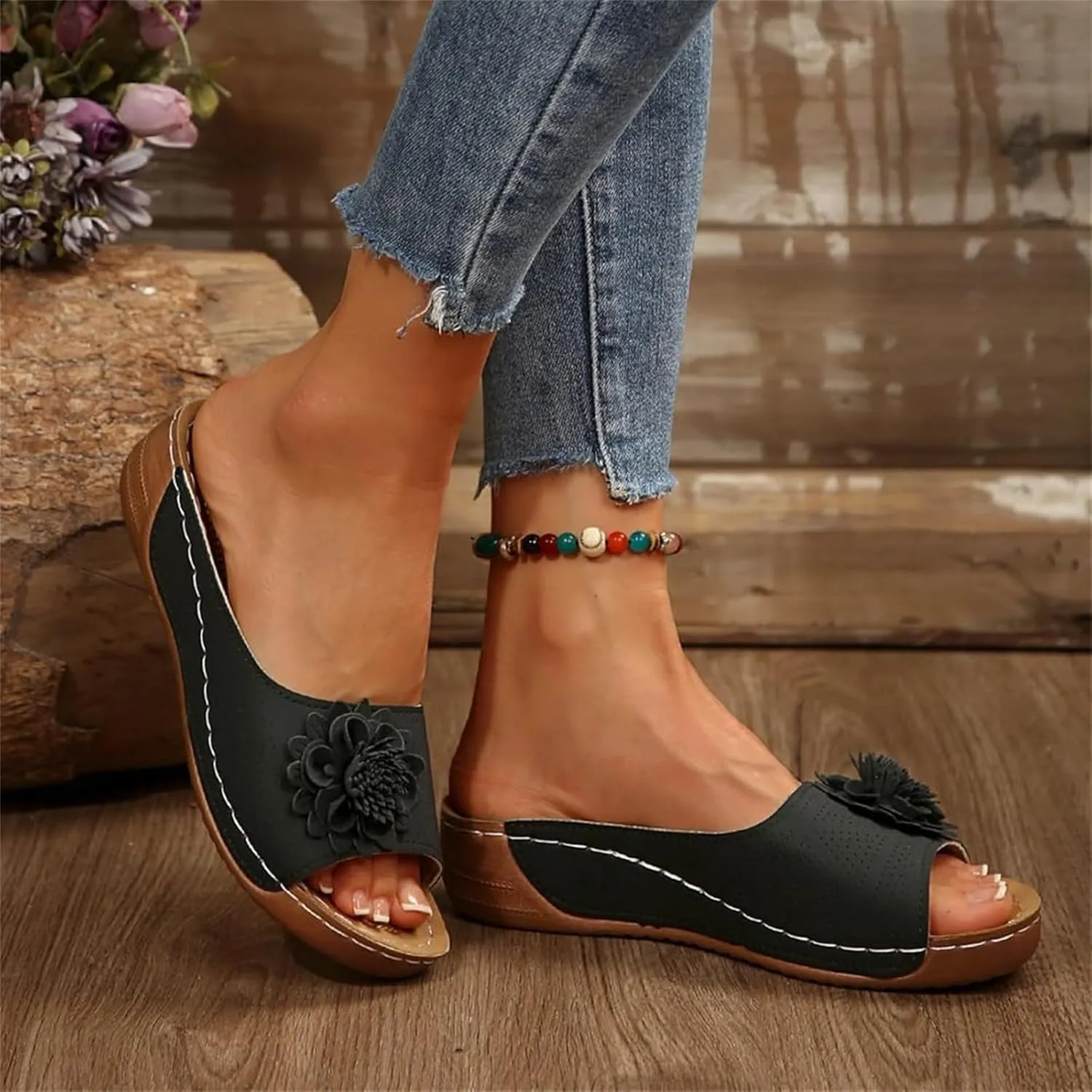ZWRXW Orthopedic Sandals for Women,Arch Support Summer Beach Sandals,Fish Mouth Open Toe Leather Slippers,Chic Flowers Bohemian Flip Flops,Dressy Wedge Comfort Platform Sandal