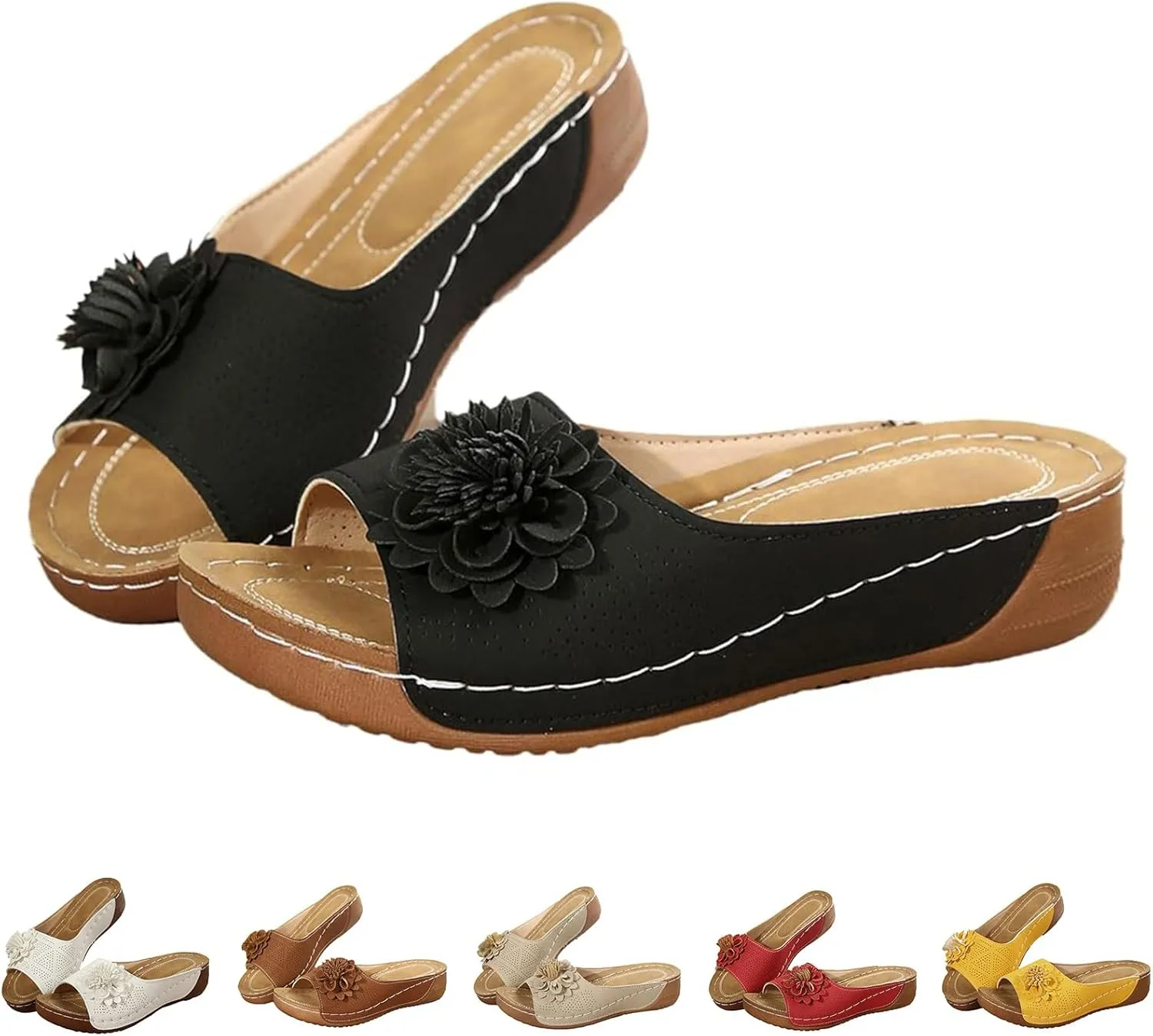 ZWRXW Orthopedic Sandals for Women,Arch Support Summer Beach Sandals,Fish Mouth Open Toe Leather Slippers,Chic Flowers Bohemian Flip Flops,Dressy Wedge Comfort Platform Sandal