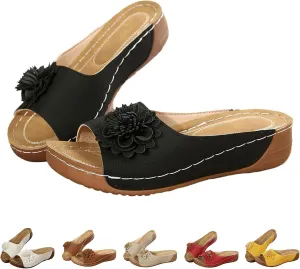 ZWRXW Orthopedic Sandals for Women,Arch Support Summer Beach Sandals,Fish Mouth Open Toe Leather Slippers,Chic Flowers Bohemian Flip Flops,Dressy Wedge Comfort Platform Sandal