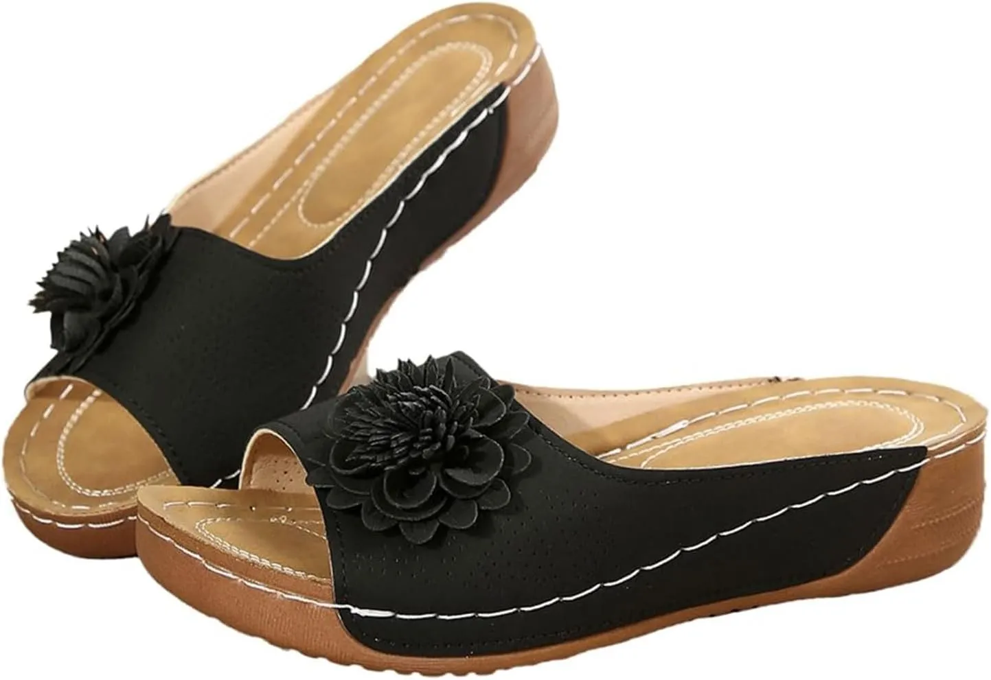 ZWRXW Orthopedic Sandals for Women,Arch Support Summer Beach Sandals,Fish Mouth Open Toe Leather Slippers,Chic Flowers Bohemian Flip Flops,Dressy Wedge Comfort Platform Sandal